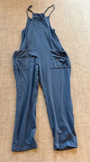 Blue Cotton Stretch Overall Jumpsuit Wide Leg Pocket Romper Large thumbnail 1