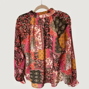 Entro Womens Medium Patchwork Paisley Ruffle Neck Long Sleeve Blouse Multicolor thumbnail 3