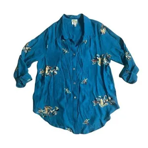 Fig and Flower Anthropologie Boho Floral Teal Shirt Embroidered Roll Tab thumbnail 1