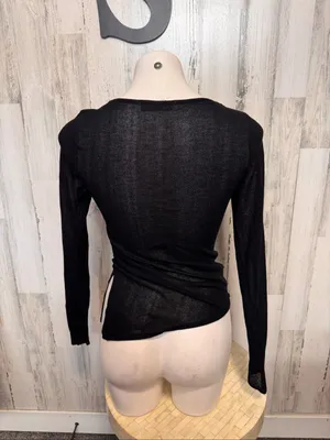 ZARA Asymmetric Cutout Ruched Long Sleeve Top Womens S Black Shimmer Sheer thumbnail 6