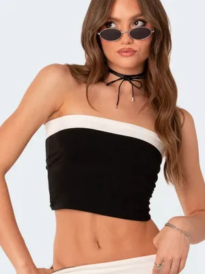 EDIKTED Contrast Foldover Tube Top Cropped Black & White Size Small thumbnail 1