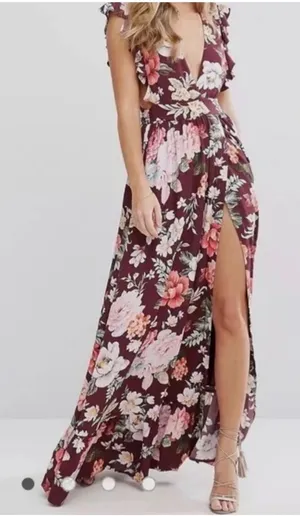 Majorelle Floral Maxi Dress Small Burgundy Plunge V Neck Ruffle Revolve Boho‎ thumbnail 1
