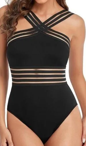 Viral black, one piece bathing suit with crisscross strap size large thumbnail 1
