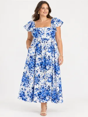 Tuckernuck Cecily Midi Dress Womens XXL Blue White Floral Flutter Sleeve thumbnail 2