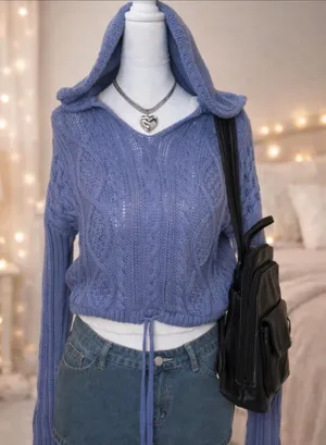 Aeropostale Hooded Baby Blue Crochet Hoodie Sweater Size S thumbnail 1