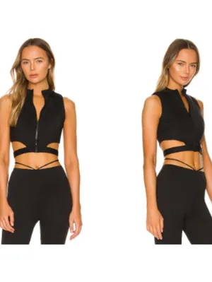 DEVON WINDSOR EMERY CROP TOP CUTOUT FULL ZIP BRA Small $98 Black thumbnail 2