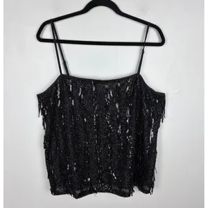 Loft Sequin Fringe Square Neck Cami Black Party Top‎ Evening Glam Size Large thumbnail 3