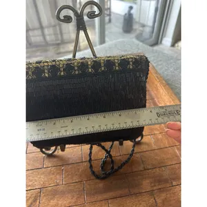 Vintage Beaded Evening Clutch Bag Black Gold Geometric Crossbody Formal PurseGUC thumbnail 8