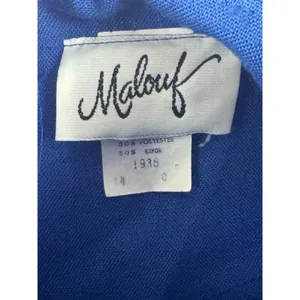 Vintage 70s Malouf Blue White Slub Texture Pleated Midi Dress Red Trim Size 14 thumbnail 4