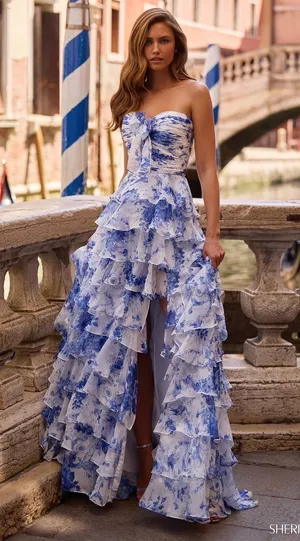Sherri Hill 57423‎ Floral Chiffon Strapless Ruffle Gown with Slit NWT Size 6 thumbnail 1