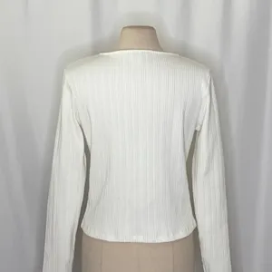VINCE Pearl Button Cardigan Sweater Off White Ribbed Cropped V Neck‎ X-Large thumbnail 11