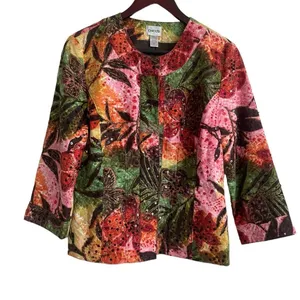 Chicos Women Boho Whimsical Floral Sequin Jacket‎ M Multicolor Artsy Botanical thumbnail 1