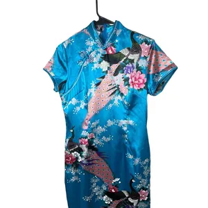 Laogudai Blue‎ Peacock Floral Mandarin Collar Chinese Style Cheongsam Dress M thumbnail 2