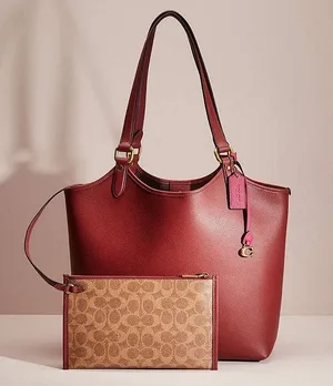 Coach Polished Pebble Leather Restored Day Tote in Brass/Brick Red, New +DustBag thumbnail 1