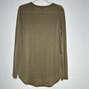 Olive Green‎ Burnout Stripe High-Low Long Sleeve Top Crew Neck Side Slit Relaxed thumbnail 2
