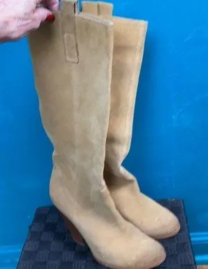 Carlos Santana tall tan suede boots with heels thumbnail 1