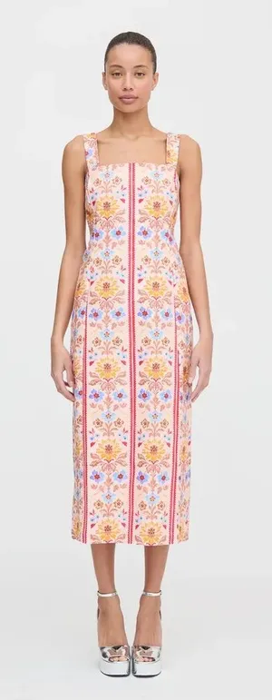 Hill house home The Iris Dress Floral Stripe Midi Dress in Peach Pink, S thumbnail 1