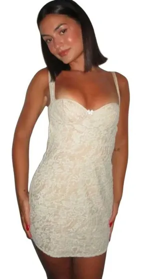 Rumored Loverboy Mini Dress Cream Lace‎ MEDIUM Lacy Feminine Open Back Croquette thumbnail 1