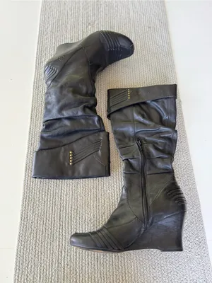 Bronx Black Studded Leather Wedge Knee-High Boots with Woven Detail Sz 8.5 thumbnail 1