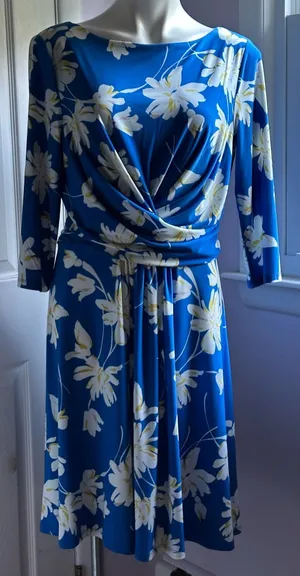 TOMMY HILFIGER Blue & White Floral Draped Midi 3/4th Sleeves Dress Sz 12 thumbnail 1