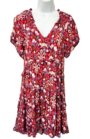 Anthropologie Pink Red Blue Ruffle Flutter Sleeve Dress size S Boho Tomato Girl thumbnail 1