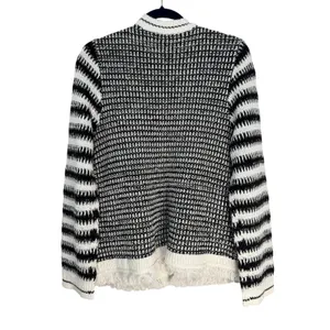 Talbots Black White Striped Knit Open Front Fringe Cardigan‎ Sweater Women's L thumbnail 8