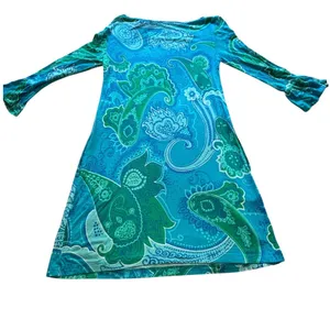 Tori Richard Honolulu XXS Blue Green Paisley Tunic Dress Bell Sleeve Stretch thumbnail 8