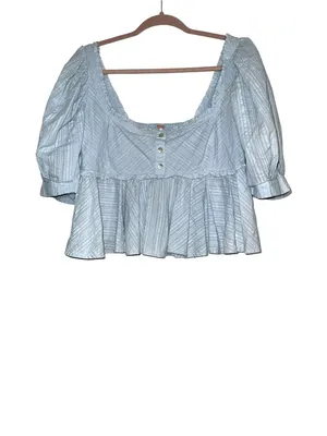 Free People Leave It To Me Baby Blue Puff Sleeve Square Neck Babydoll Top SMALL thumbnail 3