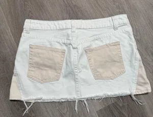 We The Free People Two Toned Patched Up White Cream Raw Hem Denim Skirt 29 thumbnail 4