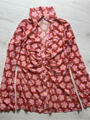 Women's Button Down Floral Shirts 2026 Summer Long Sleeve V Neck Sheer Mesh Tops thumbnail 3