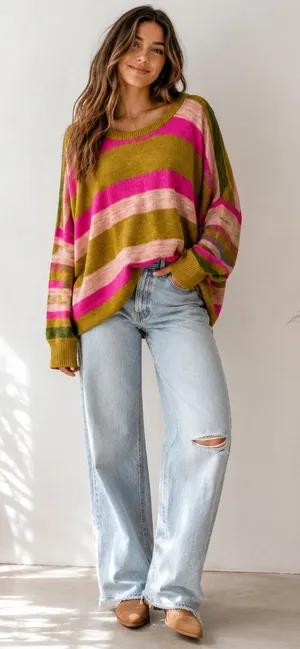 Free People Striped Green Pink Striped Oversized Sweater Womens S Boho Casual thumbnail 1