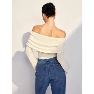 Commense Plush Ivory Casual Stretch Off Shoulder Knit Sweater Top XS thumbnail 4