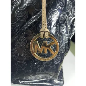 Michael Kors MK Logo Black Tote Bag Zip Gold Beige Straps Dust Bag thumbnail 3