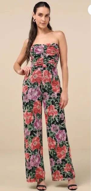 Lulus Layka Black Multi Floral Mesh‎ Wide-Leg Jumpsuit M NwT thumbnail 1