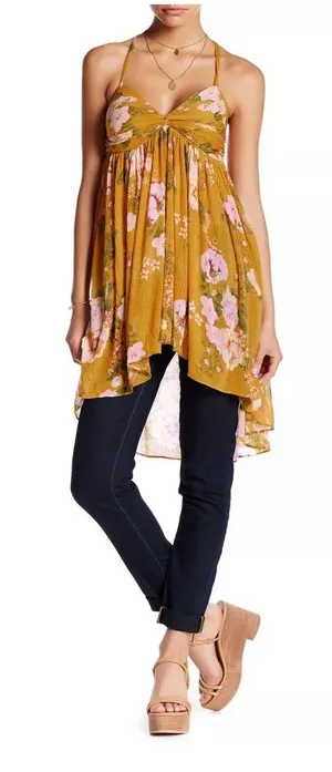 Free People Mirage Yellow Floral Print Hi-Low Tunic Dress Size Medium thumbnail 1