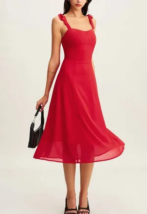 Rihoas Red Sweetheart Neck Tie Strap Midi Dress thumbnail 5