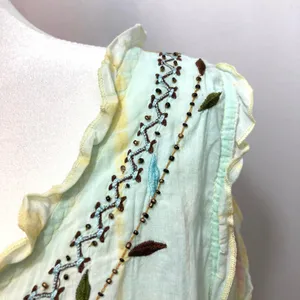 Vintage Y2K Tokyo Denim Yellow Silk Hippie Embroider Bead Tank Blouse Top Medium thumbnail 4