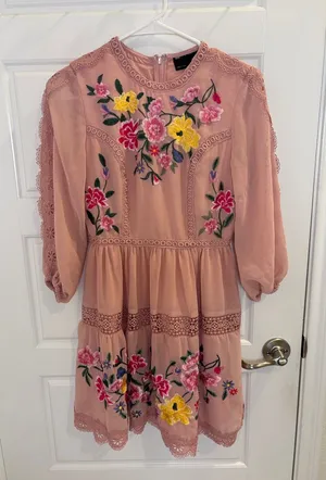 ASOS Design Embroidered Floral Mini Dress Pink Sheer Lace Detail Boho US 2 thumbnail 1