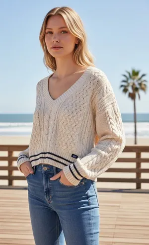 Abercrombie & Fitch Cream Cable Knit Stripe Cropped Varsity V-Neck Sweater Sz XS thumbnail 1