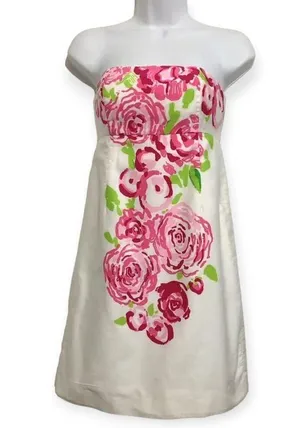 Lilly Pulitzer | Size 0 | Bowen White Pink Floral Trellis Print Strapless Dress thumbnail 1