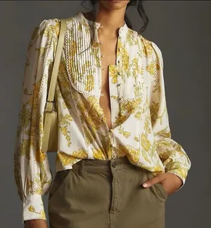 By Anthropologie Long-Sleeve Floral Button-down Peasant Blouse thumbnail 1