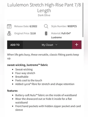 Lululemon Stretch High Rise Pants 7/8 Length Dark Olive Size 6 thumbnail 4