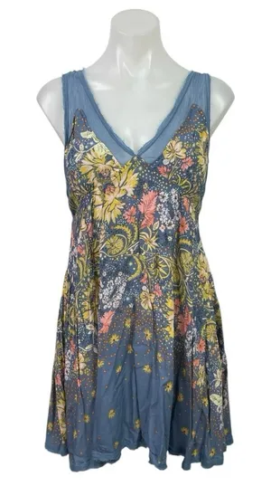 Intimately Free People Blue Sheer Floral Sleeveless Mini A-Line Tank Dress Sz M thumbnail 1