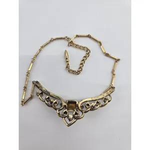 Coro Bib Necklace Women OS Art Deco Revival Gold Green Rhinestone EUC thumbnail 3
