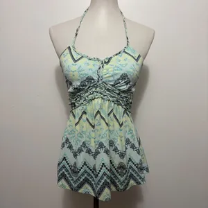 Vanity Halter Top Small Mint Green Geometric Floral Braided Empire Babydoll Boho thumbnail 2