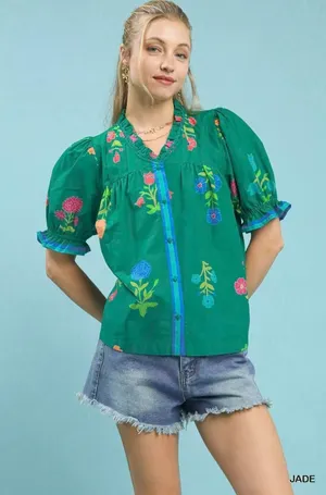 Umgee Petal Parade Print Button-Down Blouse - Jade - Small thumbnail 1