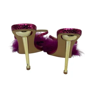 SheIn Women's Purple Fuzzy Fur Pointed Toe Slip On Gold Stiletto Heels Sandals 8 thumbnail 3