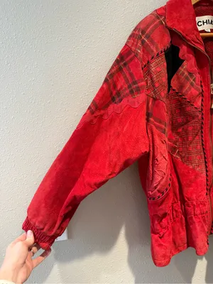 Vintage CHIA Red 100% Leather Patchwork Plaid Western Jacket Bomber Size Medium thumbnail 3