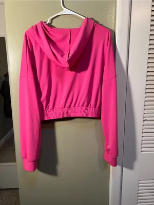 Womens Size XL Cropped Hoodie Bright Pink Banded Hem Long Sleeve Kangaroo Pocket thumbnail 6