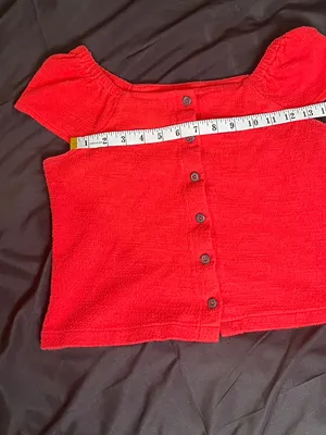 Madewell Texture & Thread Red Smocked Puff Sleeve Button Front Crop Top thumbnail 5